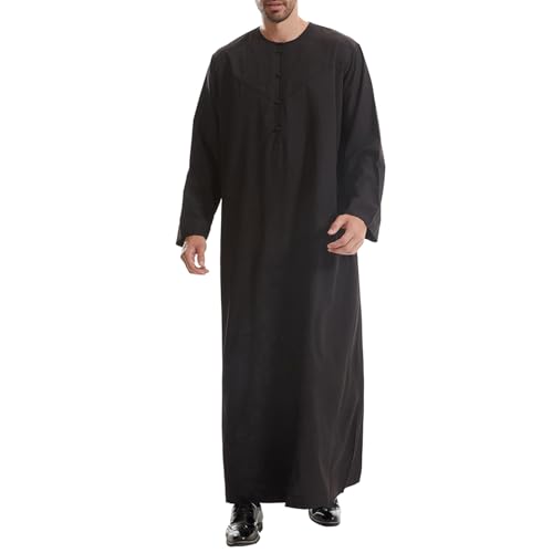IKADEX Muslim Thobe for Men Islam Kaftan Long Sleeve Button Down Casual Henley Prayer Robe Clothing Dubai Arabic with Pockets - color: B-black, size: Large