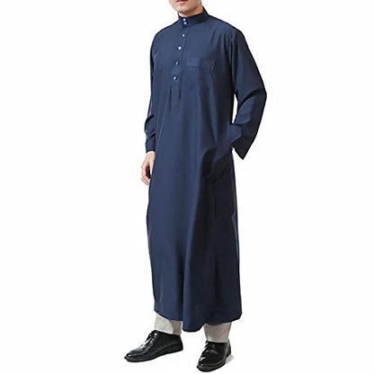 Men's Saudi Arabic Thobe Jubba Dishdasha Long Sleeve Robe Ramadan Muslim Dress Middle East Islamic Clothing (328# Navy, L)