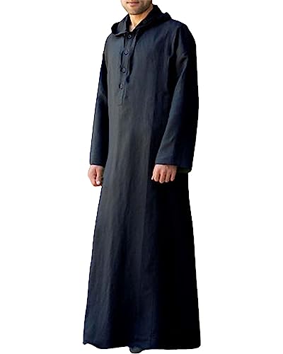 Jacansi Men's 65% Cotton 35% Linen Hooded Kaftan, Long Sleeve Button Down Thobe, Loose Casual Gown with Pockets - color: Black, size: Large