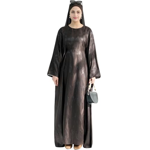 khalat Abaya Muslim Dress Women Satin Jacquard Prayer Dress Batwing Long Sleeve Islamic Dubai Robe with Chiffon Hijab - color: Coffee