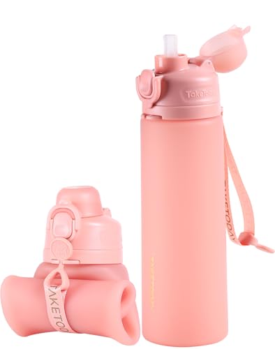 TakeToday Collapsible Water Bottles 21oz (600mL), Foldable Platinum Silicone Travel Water Bottle with Straw & Carry Strap, Leak-Resistant Screw Lid, Wide Mouth, BPA-Free for Hiking, Camping, Travel - color: Cherry Breeze