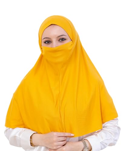 Prien Easy To Wear Hijab For Women, Muslim Instant Turban With Niqab, Islamic Clothes, Soft Scarf For Prayer, Abaya, Khimar - color: Deep Yellow