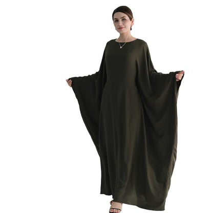 Abaya Muslim Women Dress Batwing Sleeve Loose Maxi Modest Islamic Clothes Prayer Dress with Hijab Scarf - color: Army Green