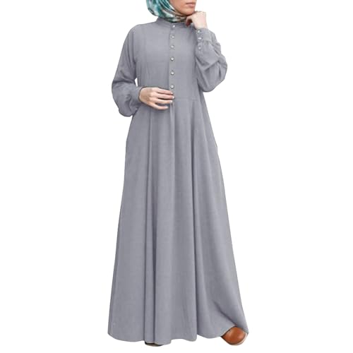 Dress for Women Muslim Long Sleeve Button Down Dress Shirt Prayer Casual Clothes Summer Fashion Outfits - color: Grey, size: Small