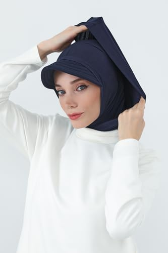 Aisha's Design Full Coverage Cotton Bonnet Hijab with Visor Modest Underscarf Bonnet - color: Navy Blue