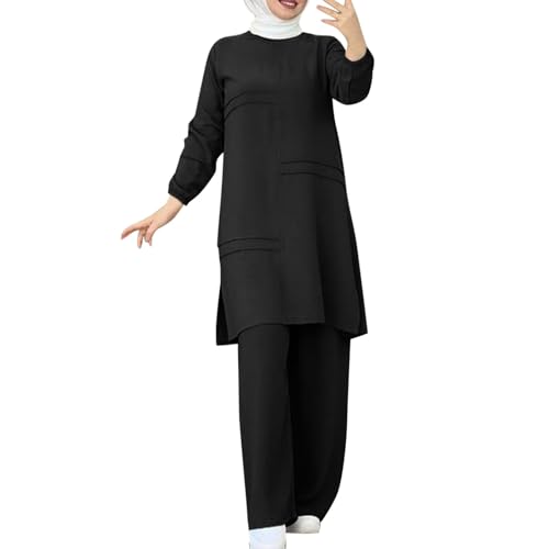 Muslim Outfits For Women 2 Piece Sets Long Sleeve Loose Tops Wide Leg Pants Suits Plus Size Outfit Prayer Clothes - color: Black, size: 5X-Large