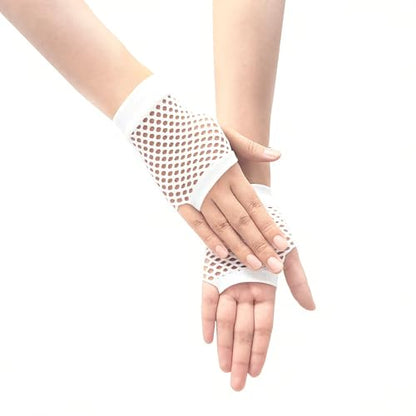 Short Fishnet Gloves for Women Fingerless Mesh Fishing Net Gloves 80s Fish Net Arm Sleeves Halloween Party Cosplay Costume - color: White