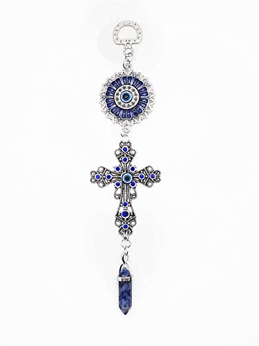 LUCKBOOSTIUM Blue Crystal Cross & Mandala Evil Eye Amulet with Hanging Stone - Car & Home Charm Ornament for Growth, Energy, Protection, Rearview Mirror Accessory (2"x8", Blue Spotted Stone) - color: Blue Spotted Stone
