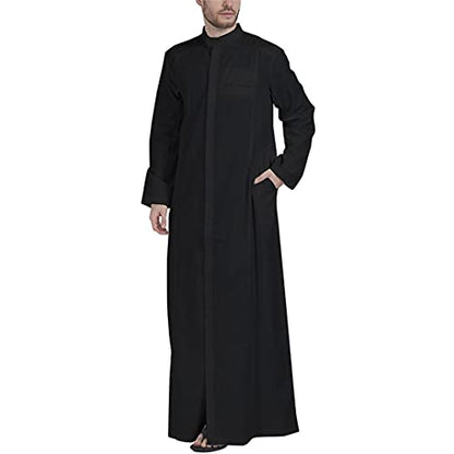 Men Muslim Clothes Solid Color Jubba Thobe Long Sleeve Stand Collar Robes Dubai Middle East - color: Black, size: XX-Large