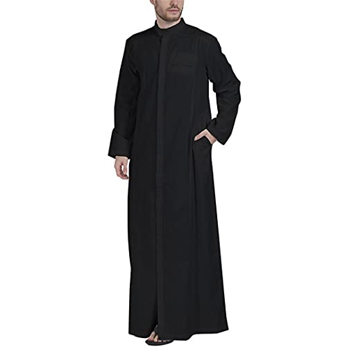 Men Muslim Clothes Solid Color Jubba Thobe Long Sleeve Stand Collar Robes Dubai Middle East - color: Black, size: XX-Large