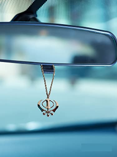 BEXCO Sikh Khanda Sahib Metal Car Hanging Rear View Mirror Show Piece - Complete with Chain (6 cm, Silver) - color: Silver, size: 6 cm