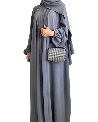 Women's Muslim Dress Two Pieces Set Islamic Prayer Abaya Modest Solid Color Muslim Outfits - color: Gray Abaya and Gray Hijab, size: XX-Large