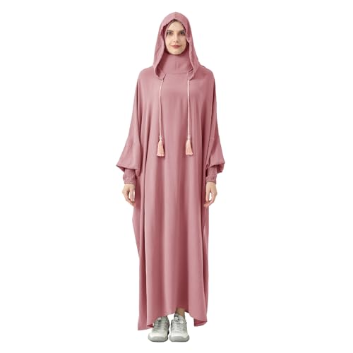 Abaya Muslim Dress Women Prayer Dress Long Sleeve Hooded Loose Maxi Dress Arabian Dubai Islamic Clothes - color: Pink