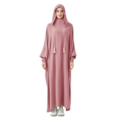 Abaya Muslim Dress Women Prayer Dress Long Sleeve Hooded Loose Maxi Dress Arabian Dubai Islamic Clothes - color: Pink