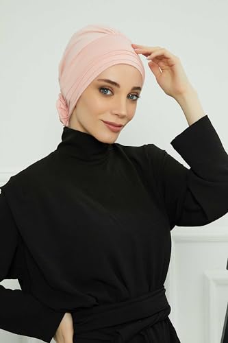 Aisha's Design Instant Turban Head Wraps for Women, Combed Cotton Scarf Lightweight Pre tied Hijab with Back Rose Detail - color: Powder