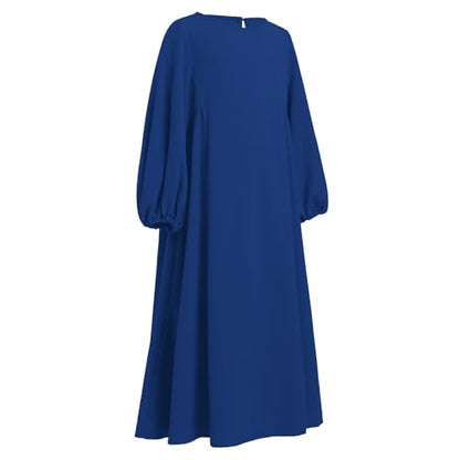 Kids Girls Muslim Abaya Long Lantern Sleeve Robe Maxi Dress Dubai Islamic Pleated Prayer Dress Full Cover Kaftan Casual - color: Royal Blue (Hijab), size: 7-8 Years