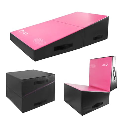Kangaroo Hoppers Gymnastics Cheese Wedge Mat for Kids Ages 1-12 | 3 Sizes Folding Incline Mat with High-Density EPE Foam and Removable PVC Leather Cover, Home Gym Training Equipment - color: Black/Hot Pink, size: 48" x 24" x 14"