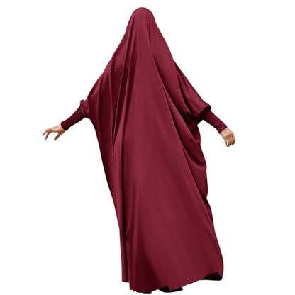 IDOPIP Muslim Abaya for Women One Piece Long Sleeve Islamic Prayer Dress with Hooded Hijab Maxi Kaftan Robe Modest Clothes - color: Wine Red
