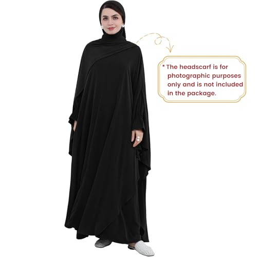 2PCS Women's Muslim Abaya Dress Lace Cuffs Islamic Dubai Prayer Robe Smooth Flowy Muslim Women Clothes - color: Black, size: Medium