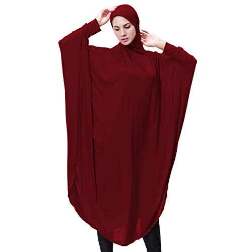 Muslim Abaya Dress for Women Highly Stretchy Batwing Hooded Prayer Hijab - color: Wine Red, size: Medium