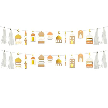 Cheerland Ramadan Banner Eid Mubarak Banner Ramadan Decorations Garland Gold White Party Decorations Islamic Mosque Garlands Islam Party Hanging Decor Gold Star Moon Crescent Muslim Party Supplies