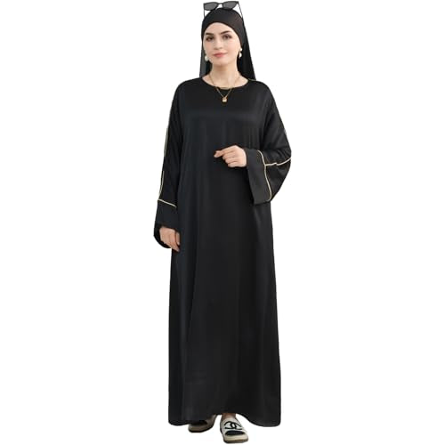 Muslim Praying Dress for Women Silk Glossy Back Zipper Robe Wear Gold Trim Modest Abaya Dress with Hijab - color: Black, size: Large