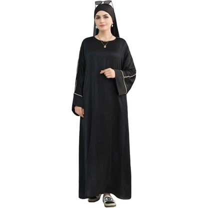 Muslim Praying Dress for Women Silk Glossy Back Zipper Robe Wear Gold Trim Modest Abaya Dress with Hijab - color: Black, size: Medium