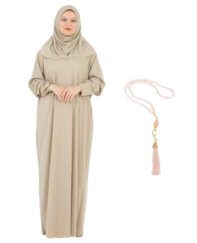 Women Prayer Clothes with Hijab Muslim Outfits Long Robe Abaya Turkish Islamic Dresses Dubai Kaftan with Rosary - color: Mink