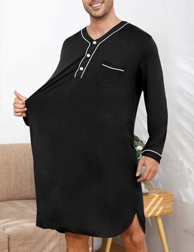 SWOMOG Men's Nightshirt Long Sleeve Nightgown Soft Loose Sleepwear Lightweight Nightwear Comfy Henley Sleep Shirt M-3XL - color: Black, size: Medium