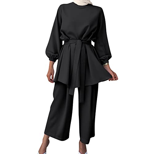 IWEMEK Abayas for Women Muslim Long Sleeve Loose Top Pants 2 Pcs Eid Ramadan Outfits Casual Islamic Muslim Clothes with Belt - color: Black, size: Medium