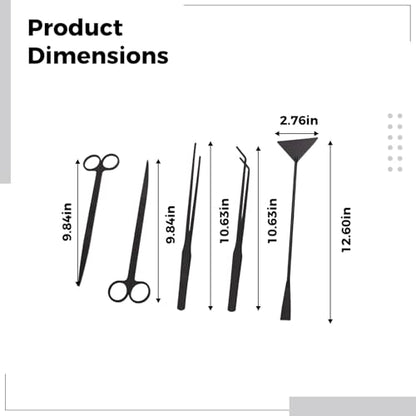 5 Pcs Aquarium Tools Kit, Black Stainless Steel Aquatic Plants Tools for Aquascaping, Flat Sand Shovel, Straight and Curved Tweezers, Scissors, Drawstring Bag Included
