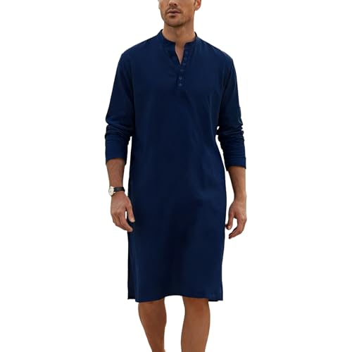 Mens Kaftan Thobe Long Sleeve Henley Neck Robe Casual Button Down Muslim Gown with Side Split - color: Blue, size: X-Large