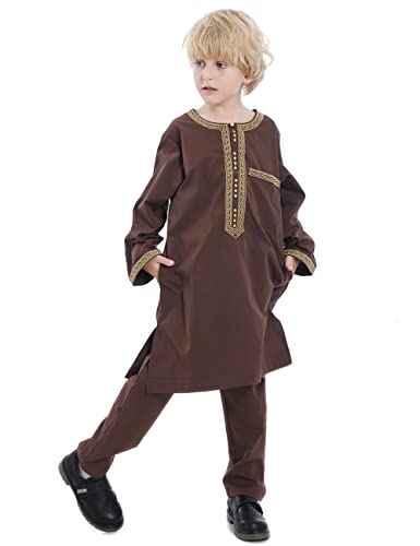 Boy's Muslim Clothing Kaftan Set - Middle East Youth Embroidered Robe Suit Round Neck Islamic Dress Arabic Wear - color: Brown, size: 15