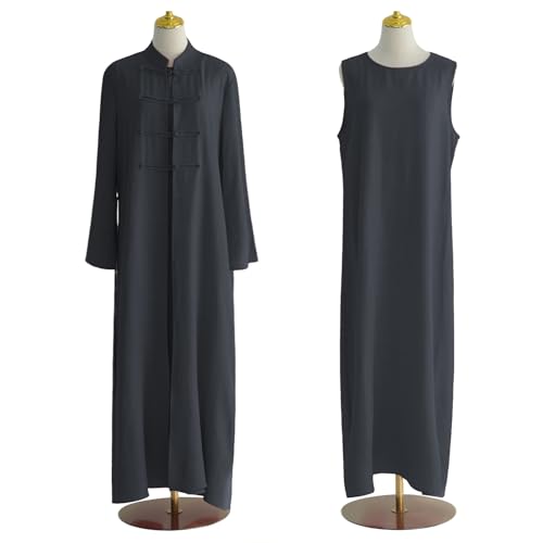 2PCS Women Muslim Abaya Dress Stand Collar Full Coverage Cardigan Dress Set - color: Dark Gray, size: X-Large