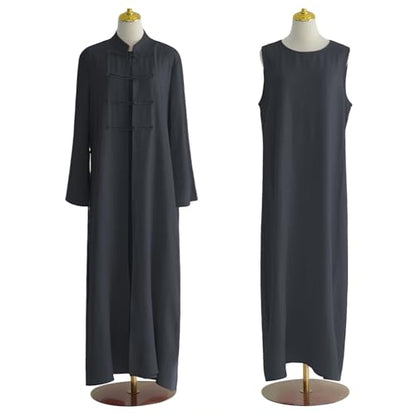 2PCS Women Muslim Abaya Dress Stand Collar Full Coverage Cardigan Dress Set - color: Dark Gray, size: X-Large
