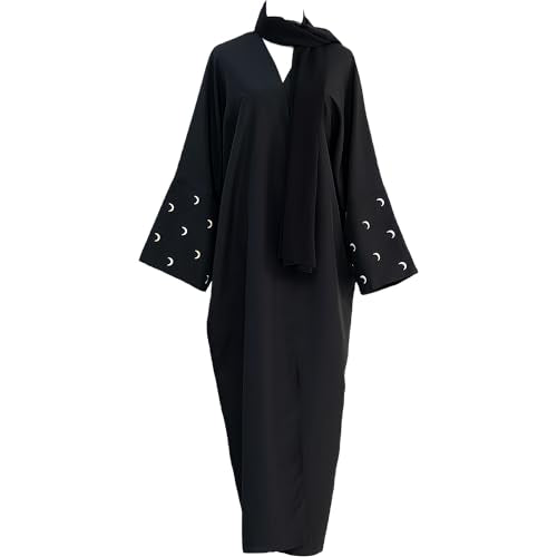 Abayas for Women Muslim with Hijab, Islamic Eid Prayer Dresses for Women, Open Abaya Dress for Girls - color: Black Moon, size: Small