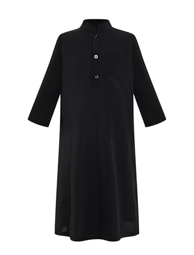 FYMNSI Kids Boys Thobe Muslim Prayer Clothes Saudi Dubai Robe Kaftan with Pockets Dishdasha Islamic Eid Ramadan Outfits 5-10T - color: Black, size: 8-9 Years