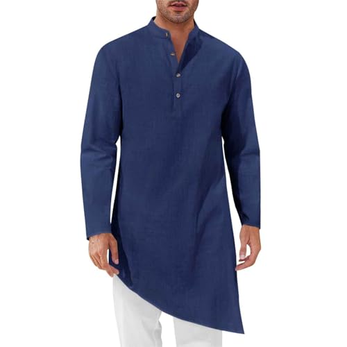 RTTUIOP Kurta Men Thobe Muslim Clothes Button Down Casual Henley Shirts Long Sleeve Robe Cotton Linen Muslim Gown Shirt - color: 01-navy, size: Large