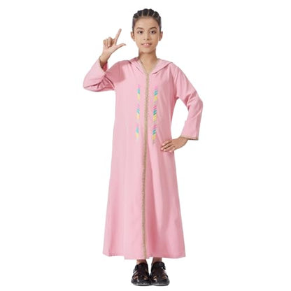 Kids Girls Abaya Muslim Long Sleeve Hooded Lace Embroidered Prayer Dress Arabic Kaftan Dubai Islamic Dresses - color: Pink Hoodies, size: 8-9 Years