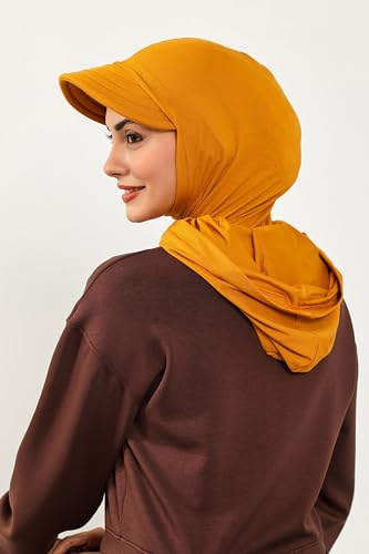Aisha's Design Full Coverage Cotton Bonnet Hijab with Visor Modest Underscarf Bonnet - color: Mustard Yellow