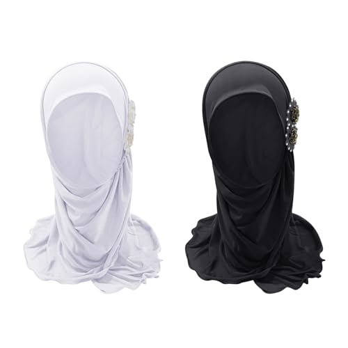 Girls Muslim Hijab Floral Lace Head Scarf Kids Islamic Arab Scarf Shawls Head Wrap with Flowers - color: Black+white 2pcs