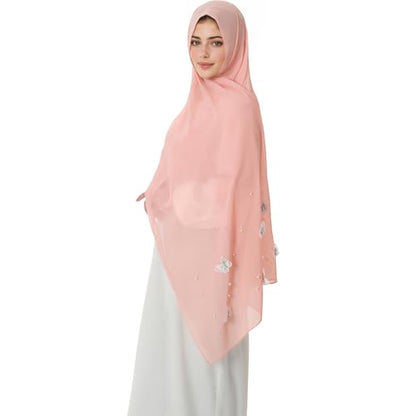 Muslim Prayer Hijab for Women Lightweight Pearl Chiffon Scarfs 3-D Butterfly Embroidery with Glitters Beads Islamic Hijab - color: Pink