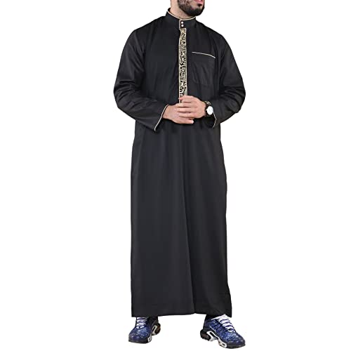 Mens Thobe Jubba Nehru Stand Collar Islamic Clothing Muslim Cotton Kaftan Embroidery Eid Robe Saudi - color: Black, size: Large