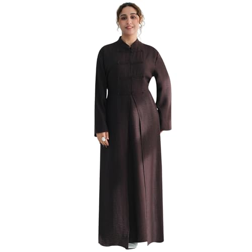 2PCS Women Muslim Abaya Dress Stand Collar Full Coverage Cardigan Dress Set - color: Coffee, size: Large