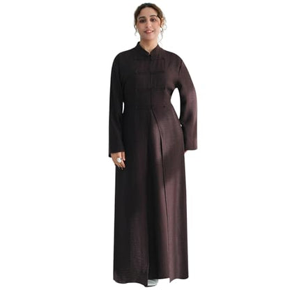 2PCS Women Muslim Abaya Dress Stand Collar Full Coverage Cardigan Dress Set - color: Coffee, size: Medium