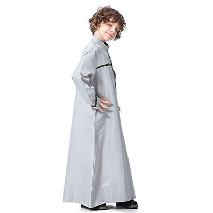 Boy's Muslim Arab Islamic Kaftan Embroidered Robe Solid Color Thobe Islamic Arabic Abaya Ethnic Dress With Pockets - color: Grey Stripe, size: 5-6 Years