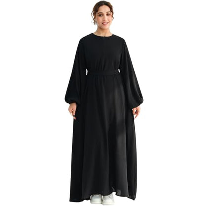 Muslim Women Abaya Dress Breathable Front Zipper&Pockets&Belt Prayer Robe - color: Black, size: Large
