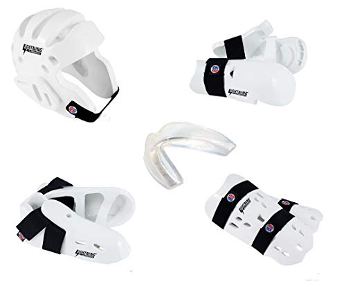 Lightning 8 Piece Deluxe Gear Set w/Shin Guards & Free Mouthpiece (Blue, Child Medium)