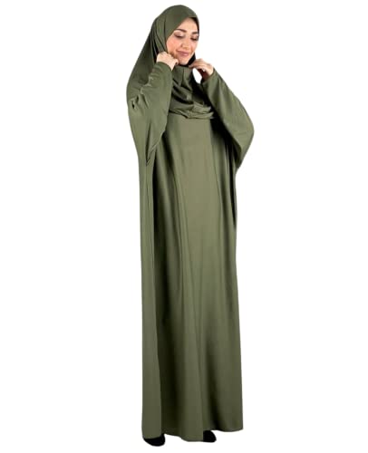 Women Prayer Clothes with Hijab Muslim Outfits Long Robe Abaya Turkish Islamic Dresses Dubai Kaftan with Rosary - color: Khaki