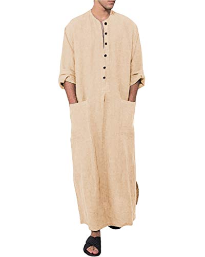 Jacansi Men's Button up Cotton Robe Long Sleeve Kaftan Thobe Long Gown Casual Shirt for Beach - color: 01-khaki, size: Medium